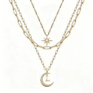 Fashion multi layer star moon crystal letter L pendant choker necklace for women
