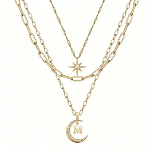 Gold layered necklace with star and moon pendant, fashion diamond letter M clavicle chain jewelry