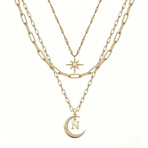 Multi-layer gold chain necklace with star moon pendant and letter N charm for women shiny design