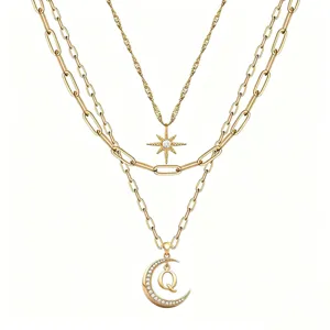 Multi-layer gold star moon letter Q pendant necklace, fashion clavicle chain detail.