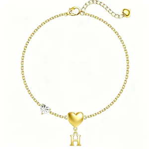 Bracciale con ciondolo a cuore lettera H iniziale finitura oro accessorio di moda donna