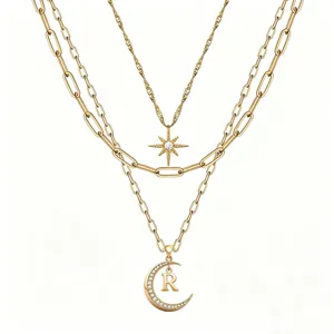 Multi-layer gold chain necklace with star moon and letter R pendant for women fashion
