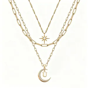 Multi-layered gold necklace with star and moon pendant letter U rhinestone choker jewelry