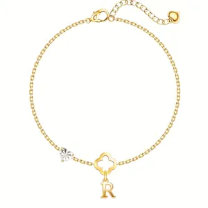 Goldener vierblättriger Kleeblatt Herz Armband mit Buchstabe R Anhänger Damen Schmuck