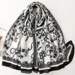 French Retro Black White Floral Print Scarf Women Cotton-Linen Feel Large Shawl Ethnic Style Wrap Neck Scarf
