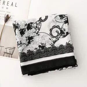 French vintage black and white floral print scarf, elegant linen-feel long shawl for women.