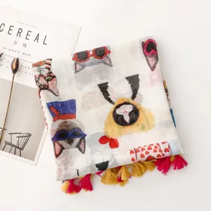 Joli foulard en coton et lin avec motif de chat cartoon et pompons, écharpe de vacances.