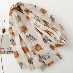 Sciarpa carina con stampa orsetto e quadri in cotone lino, foulard morbido autunno inverno.