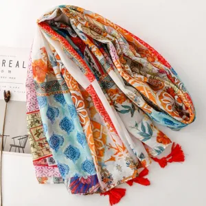 Boho Vintage Druck Schal mit Fransen, farbenfroher geometrischer Baumwolle Leinen Damenschal.