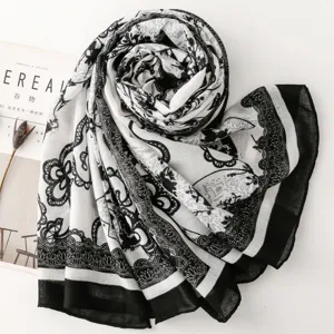 French vintage black and white floral print scarf, elegant cotton linen long shawl for women