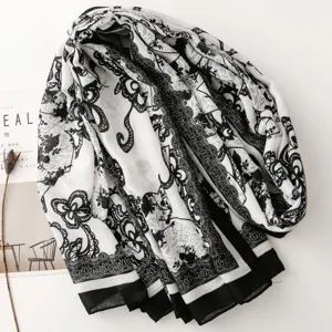 Elegant black and white floral print scarf, long cotton linen retro shawl for women.