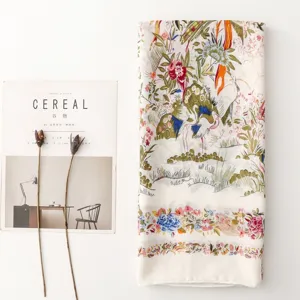 French pastoral floral bird print scarf linen feel vintage long shawl beach wrap