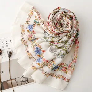 French pastoral floral scarf, retro bird printed cotton linen shawl for women beach vacation.