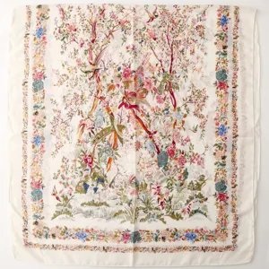 French pastoral style floral bird print square scarf vintage cotton linen feel large shawl.