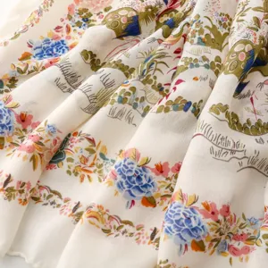 French pastoral floral bird scarf retro style long soft shawl women beach holiday accessory.