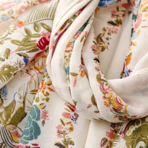 French pastoral floral and bird print scarf, vintage cotton linen feel long shawl resort wrap