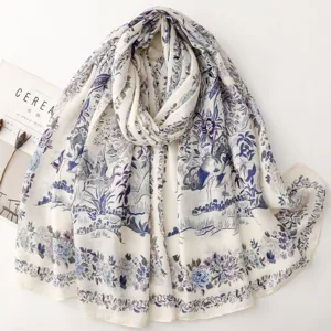 French pastoral floral bird print scarf, cotton linen feel long retro shawl for women beach.