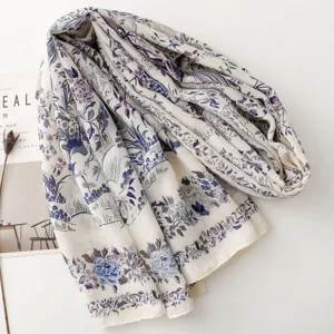 Close-up detail of the French pastoral floral printed long scarf, elegant retro design.