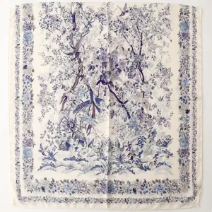 Detailed view of French pastoral floral bird print scarf, retro botanical style long shawl for women.