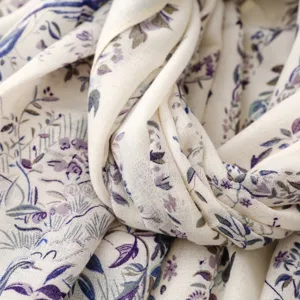 French pastoral floral bird print scarf, soft cotton linen vintage long shawl for women.