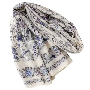French pastoral floral bird print long scarf, retro vintage style cotton linen feel beach shawl.