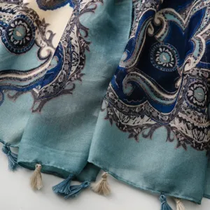 Retro Paisley Quaste Schal Damen ethnischer Stil Tuch weich Sommer blau elegant