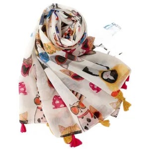 Écharpe en coton à imprimé chat mignon et pompons, châle amusant lunettes de soleil femme.