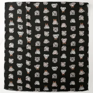 Sciarpa nera in cotone lino stampa orsetto quadri moda autunno inverno accessorio donna