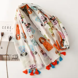 Femme mignon dessin animé chien impression foulard glands colorés coton lin châle mode