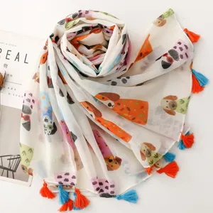 Écharpe en coton lin avec imprimé de chiens colorés et franges, châle léger d'été pour femmes.