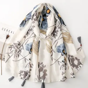 Sciarpa Con Stampa Floreale Etnica Retrò Per Donna Con Nappine E Perline Di Legno Scialle In Poliestere Protezione Solare
