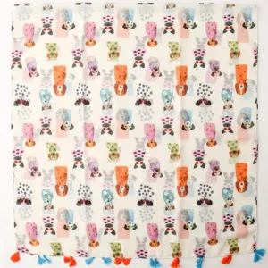 Foulard imprimé chien mignon avec des glands colorés, châle de vacances en coton-lin pour femmes.
