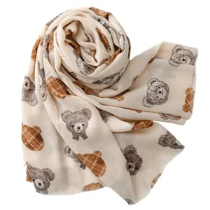Cotone lino sensazione simpatico orsacchiotto quadri stampato sciarpa donna autunno inverno