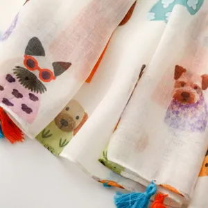 Écharpe en coton et lin à imprimé de chiens mignons avec pompons colorés pour femme