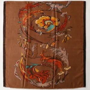 Vintage floral squirrel print detail of the brown silk scarf shawl, exquisite luxury art design.