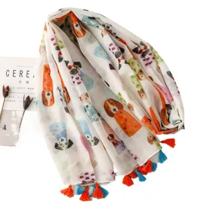Foulard femme coton lin imprime chien mignon franges elegant leger chale vacances