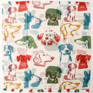 Gedetailleerd uitzicht retro honden print sjaal, artistieke kleurrijke puppy franje omslagdoek.