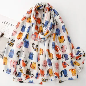 Écharpe en Polyester pour Femmes avec Imprimé Chat Coloré Dessiné à la Main Châle Léger et Respirant pour Printemps Été