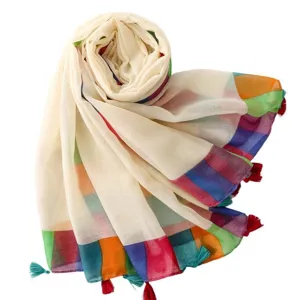 Foulard écharpe frangée coton lin coloré plage été protection solaire femme mode
