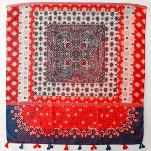 Böhmischer rot blauer Paislay Quasten Schal geometrisches Muster Vintage Tuch Urlaub