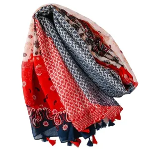Böhmischer rot-blauer Ethno Quastenschal mit geometrischen Paisleymustern für den Sommer.