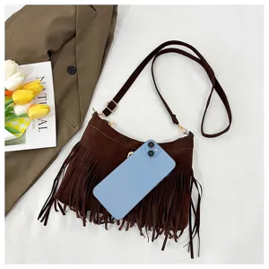 Women brown suede fringe crossbody bag retro casual single shoulder handbag stylish purse