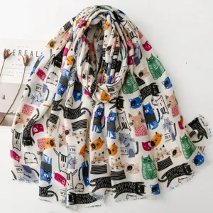 Süß Karikatur Katze Bedruckt Schal Für Damen Frisch Stil Weich Polyester Shawl Wrap Alltäglich Sonnenschutz Fransen Schal Schmuck