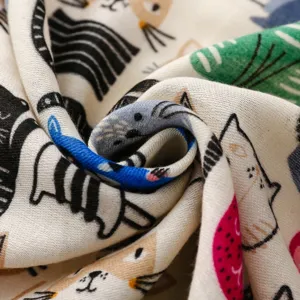 Süßer Cartoon Katze Muster Baumwolle Leinen Schal, frischer koreanischer Stil, Stoff Detail.