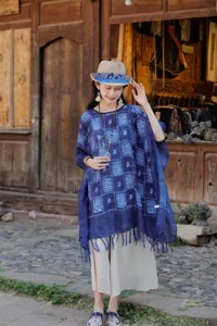 Στυλ Yunnan μπλε μπατίκ εκτύπωση εθνικό πόντσο vintage σάλι με κρόσσια προστασία