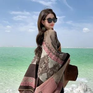 Bohemian geometric print thickened warm shawl cape women travel windproof blanket wrap outdoor