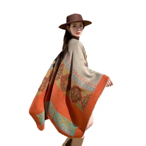 Women bohemian warm thick poncho winter tassel geometric print travel cape shawl outerwear