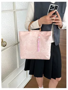 Neuer chinesischer Stil rosa Stoff Handtasche mit Bambusgriff und Quaste Damen Handtasche