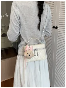 Bolso cruzado acolchado coreano, elegante bolso cuadrado liso con lindo colgante de perrito.