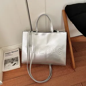 Bolso tote metálico plateado para mujer, bolso de hombro grande y elegante para el trabajo.